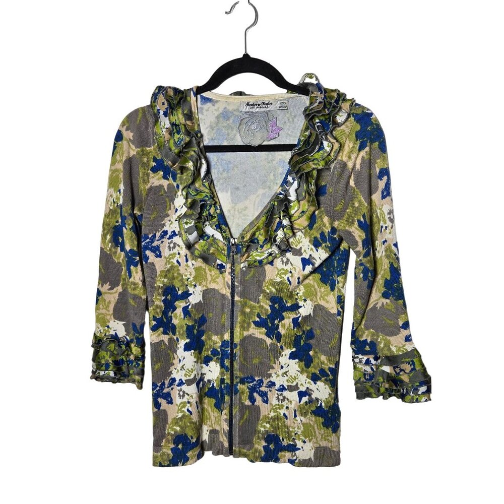 Twelve by Twelve Floral 3/4‎ Sleeve Zip Cardigan Sweater Medium Ruffle Y2K Boho